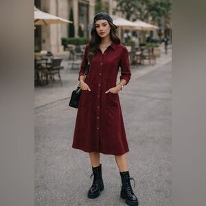 Joh Apparel Anne Stretch Suede Shirt Dress Burgundy Wine Red Long Sleeve Button